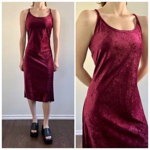 Vintage 90s Velvet Dress, 1990s Red Crushed Velour Slip Dress